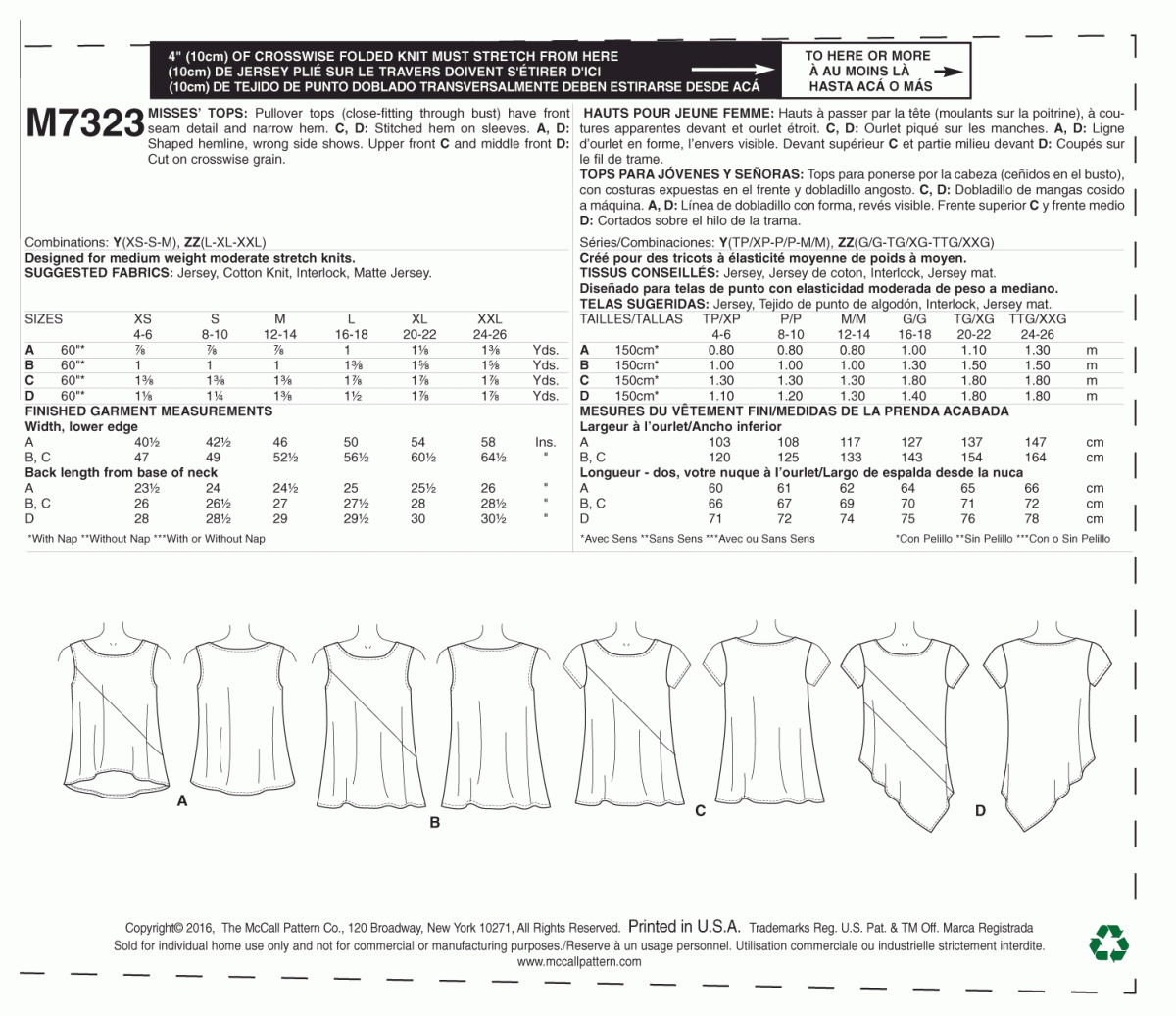 McCalls Sewing Pattern M7323 Misses' Asymmetrical Seam Detail Tops