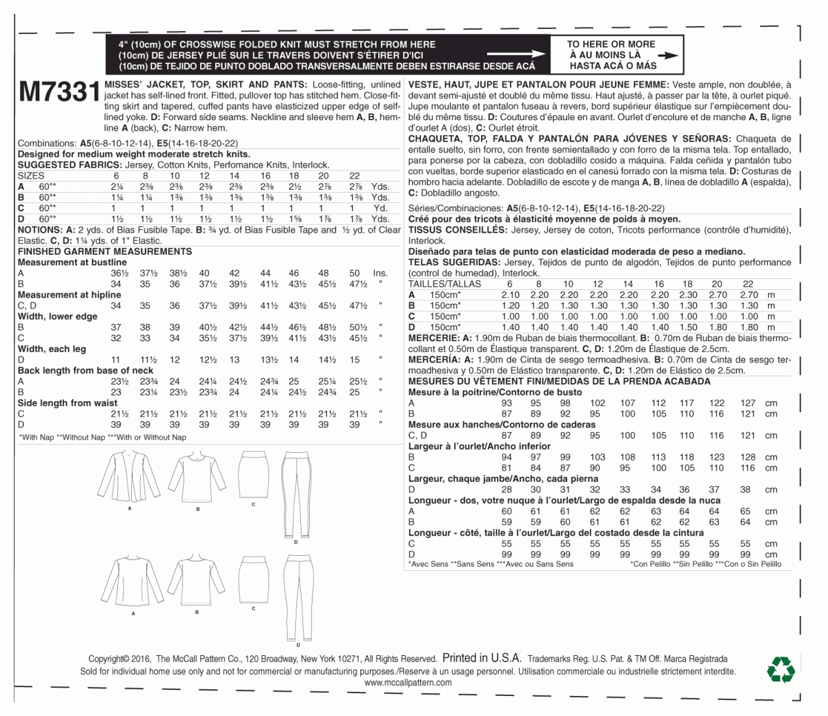 McCall's Sewing Pattern M7331 Misses' Cardigan, T-Shirt, Pencil Skirt and Leggings