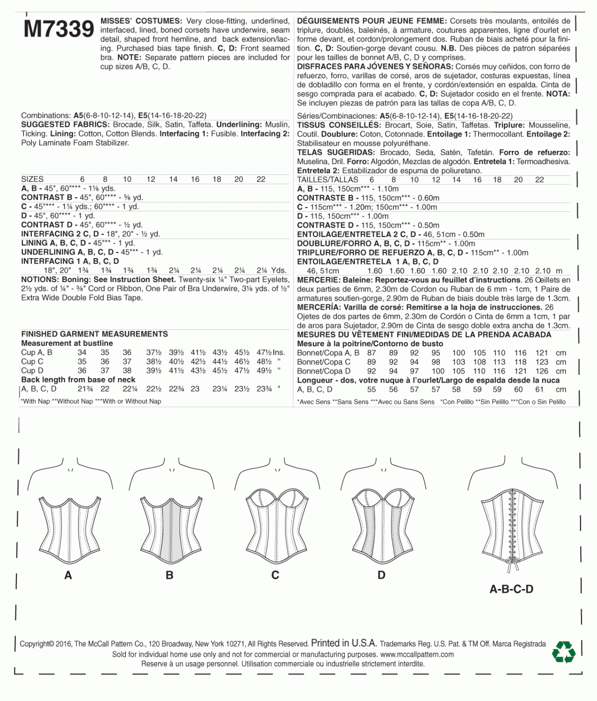 McCall's Sewing Pattern M7339 Misses' Overbust or Underbust