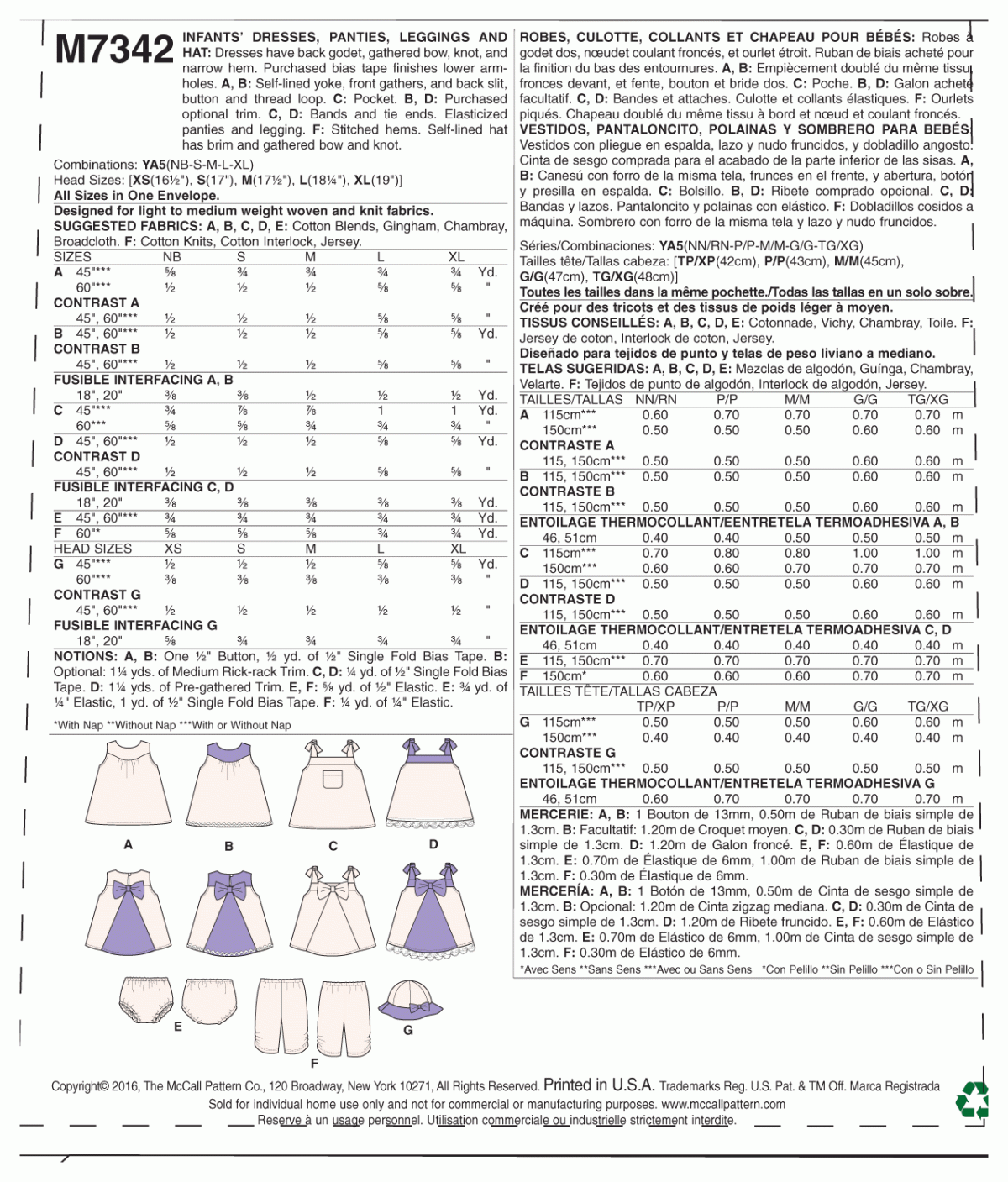 McCall's Sewing Pattern M7342 Infants' Back-Bow Dresses, Panties, Leggings and Bucket Hat