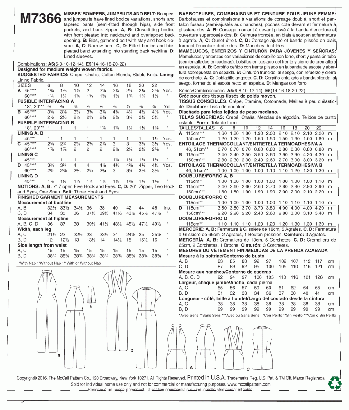 McCall's Sewing Pattern M7366 Misses' Pleated Surplice or Plunging-Neckline Rompers, Jumpsuits and Belt