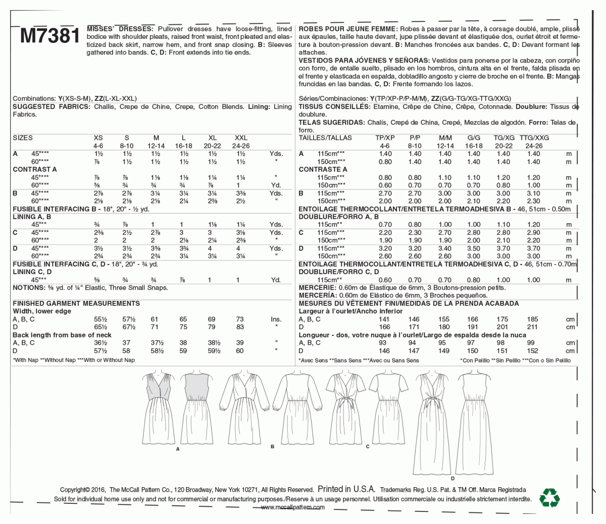 McCall's Sewing Pattern M7381 Misses' Pleated Dresses with Optional Front-Tie