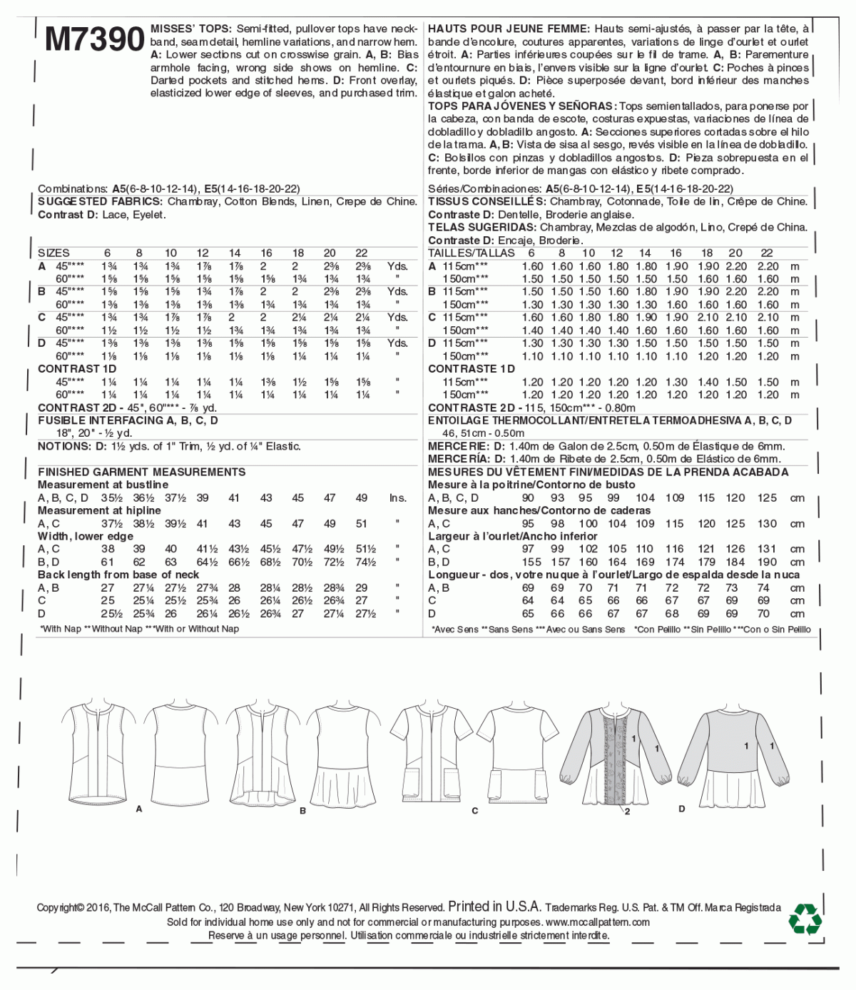 McCall's Sewing Pattern M7390 Misses' Split-Neck, Seam-Detail Tops