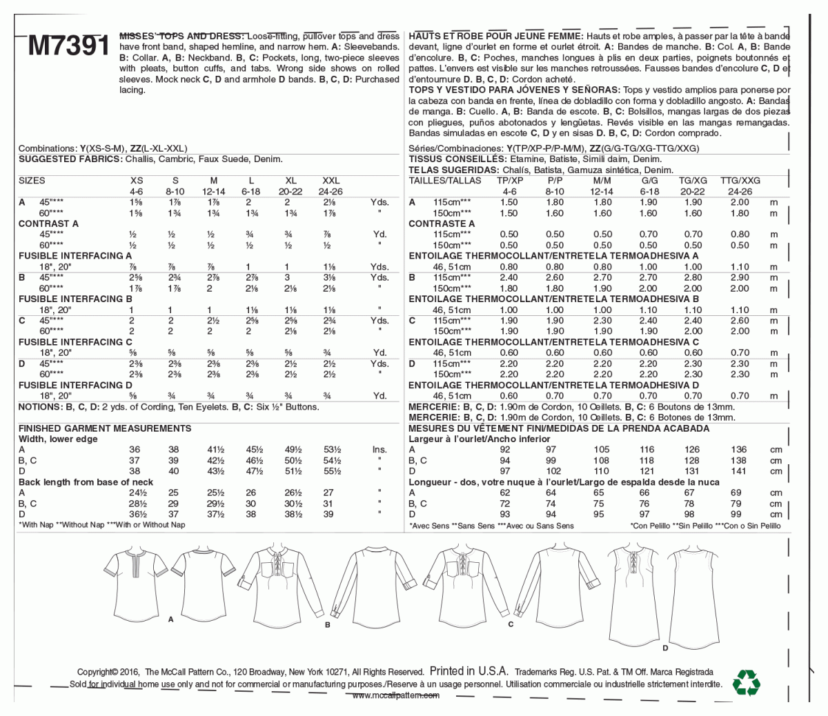 McCall's Sewing Pattern M7391 Misses' Laced or Split-Neck Tops and Dress