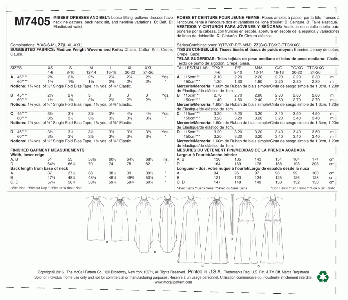 McCall's Sewing Pattern M7405 Misses' Dresses and Belt