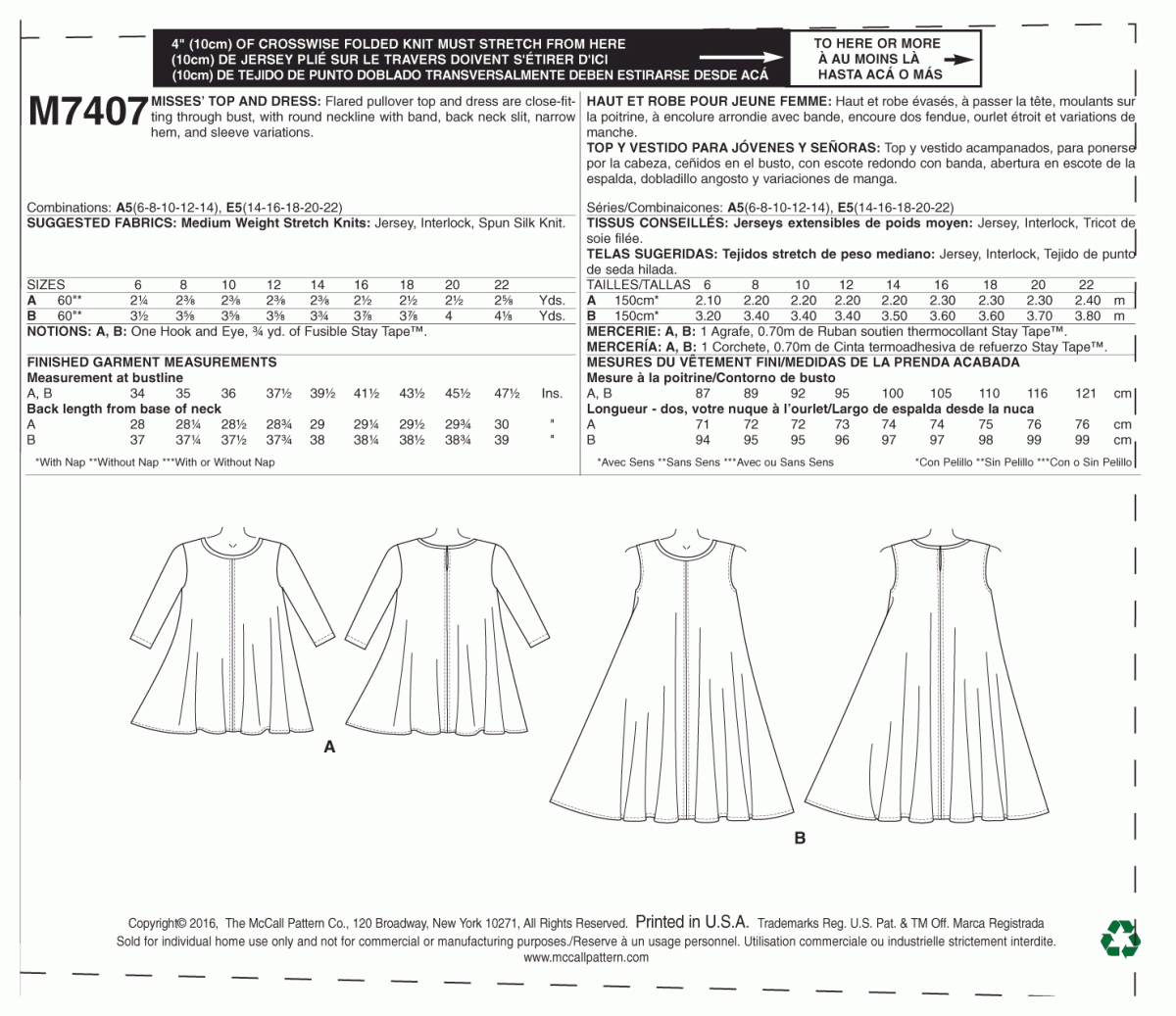McCall's Sewing Pattern M7407 Misses' Top and Dress