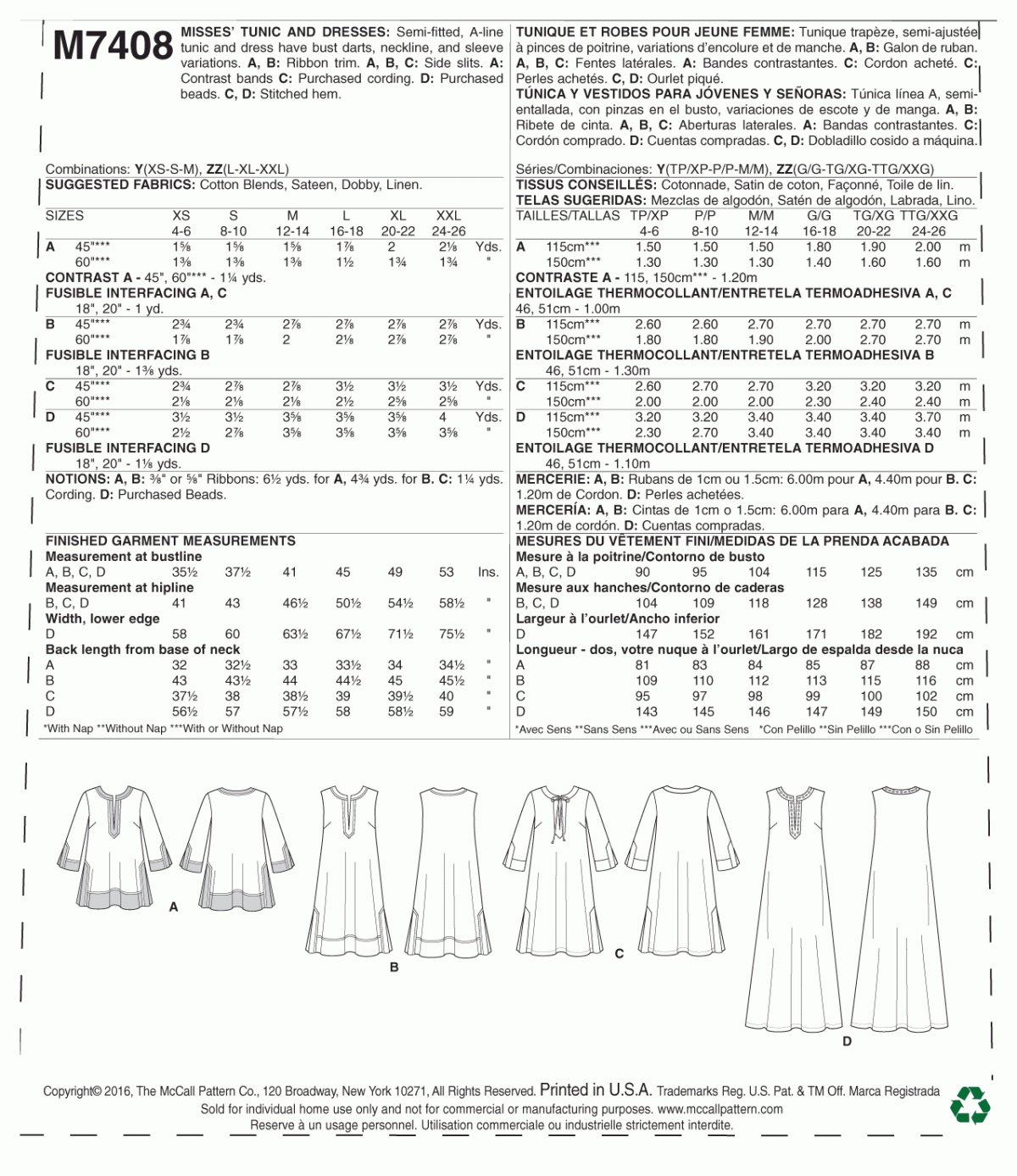 McCall's Sewing Pattern M7408 Misses' Tunic and Dresses