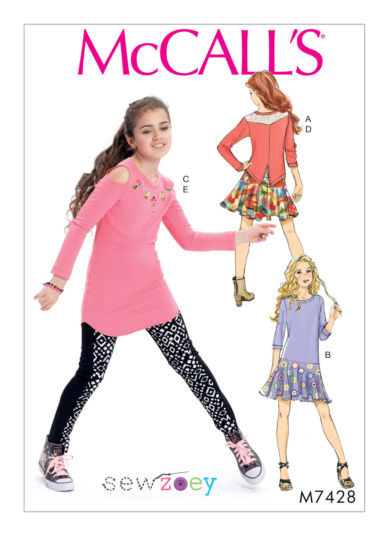 McCall’s Sewing Pattern M7428 Girls’ Back-Yoke Top, Drop-Waist Dress, Cold-Shoulder Tunic, Skirt and Leggings