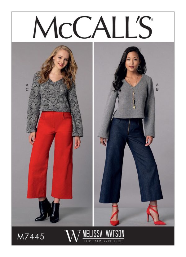 McCall's Sewing Pattern M7445 Misses' V-Neck Top and Cropped, Wide-Leg Pant