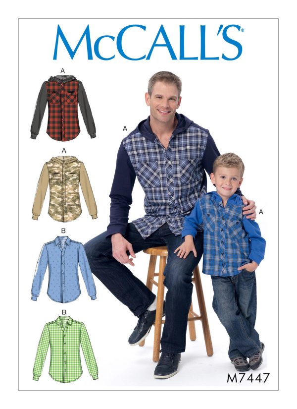 McCall's Sewing Pattern M7447 Men's/Boys' Button-Down Shirts with Hood or Collar