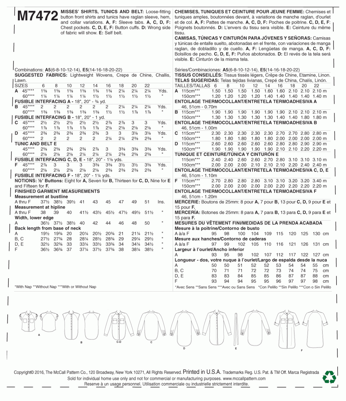 McCall's Sewing Pattern M7472 Misses' Raglan Sleeve, Button-Down Shirts and Tunics
