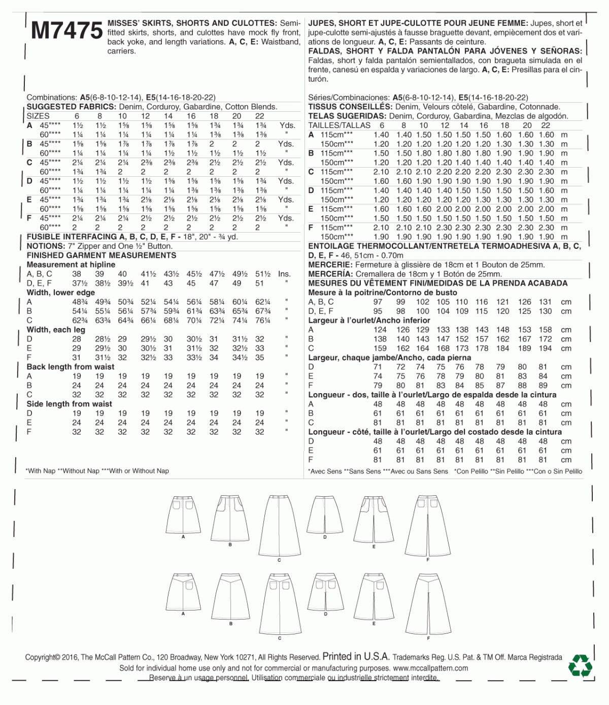 McCall's Sewing Pattern M7475 Misses' Flared Skirts, Shorts and Culottes