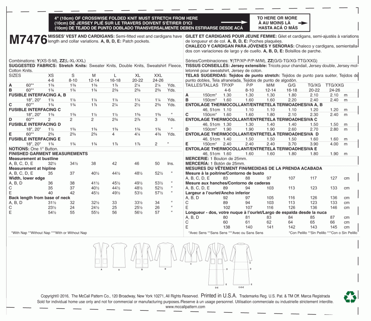 McCall's Sewing Pattern M7476 Misses' Drop-Shoulder Vest and Cardigans