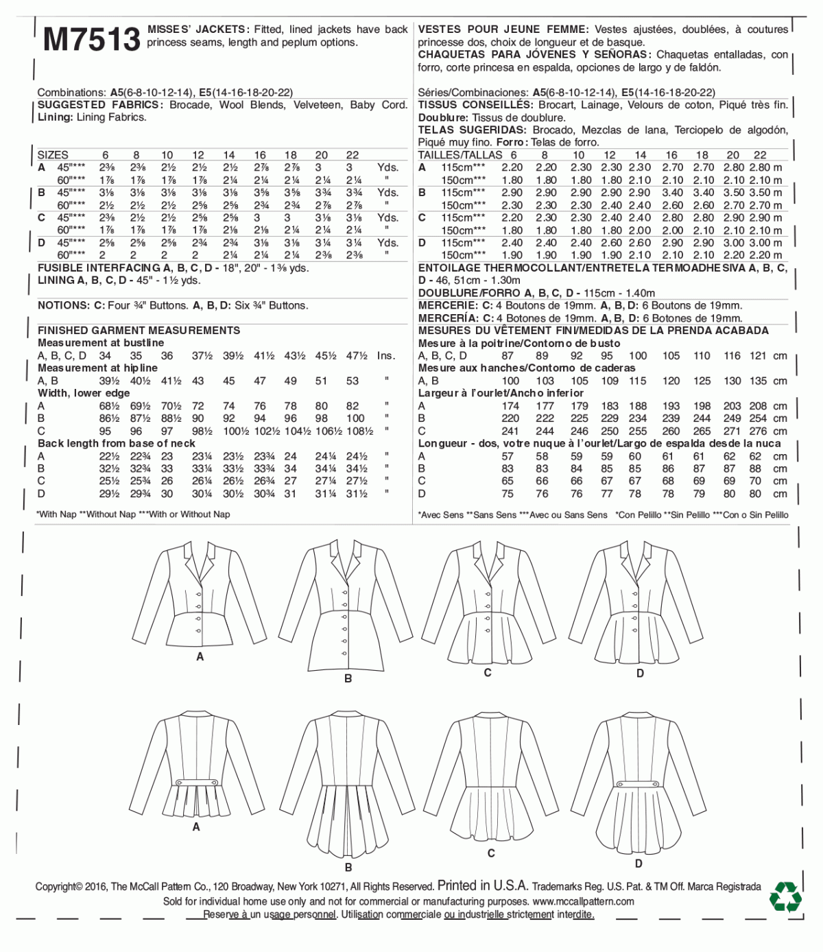 McCall's Sewing Pattern M7513 Misses' Notch-Collar, Peplum Jackets