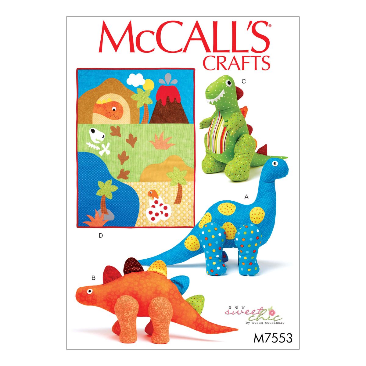 McCall's Sewing Pattern M7553 Dinosaur Plush Toys and Appliquéd Quilt