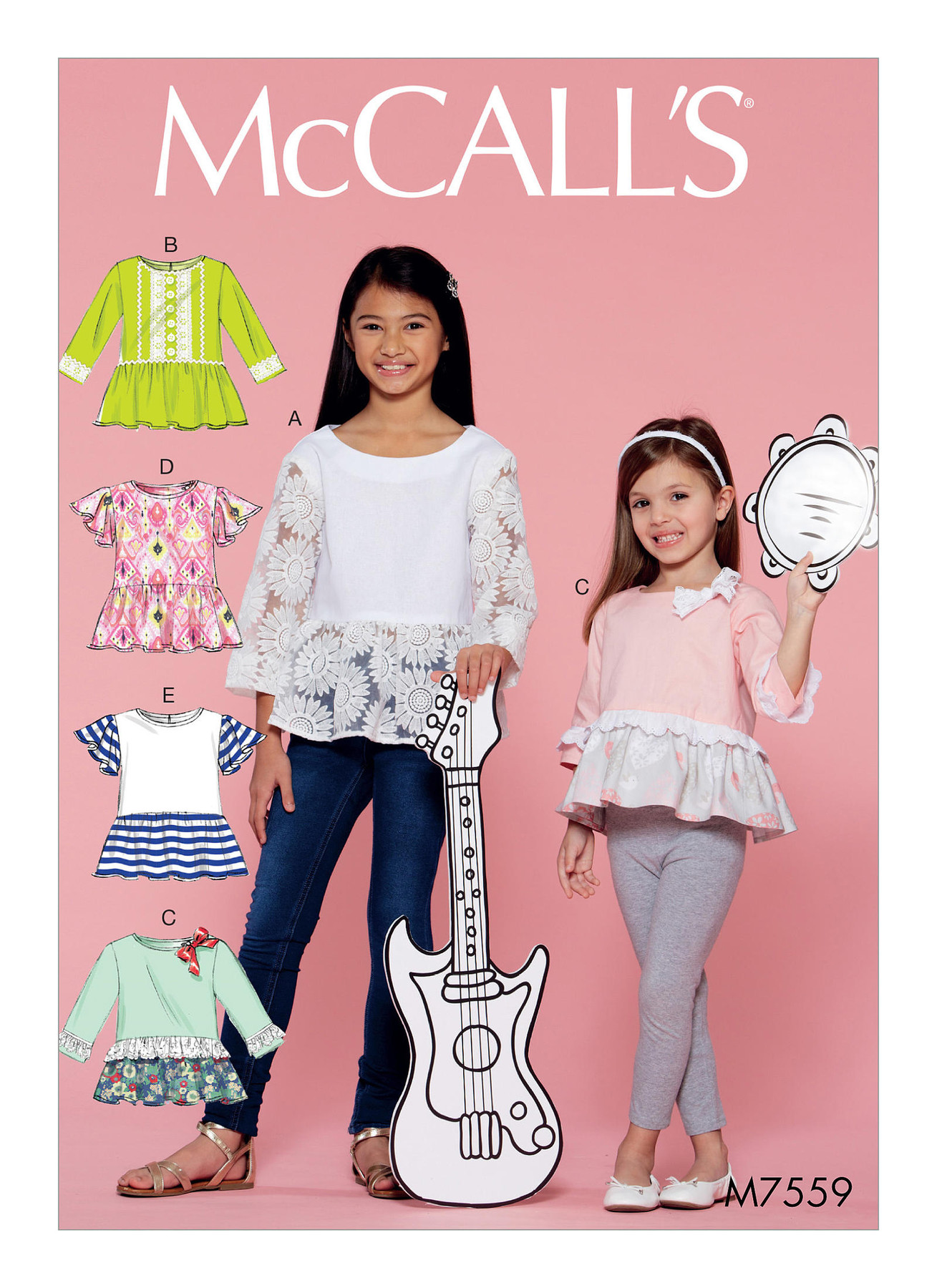 McCall’s Sewing Pattern M7559 Children’s/Girls’ Peplum-Style Tops with Trim Variations
