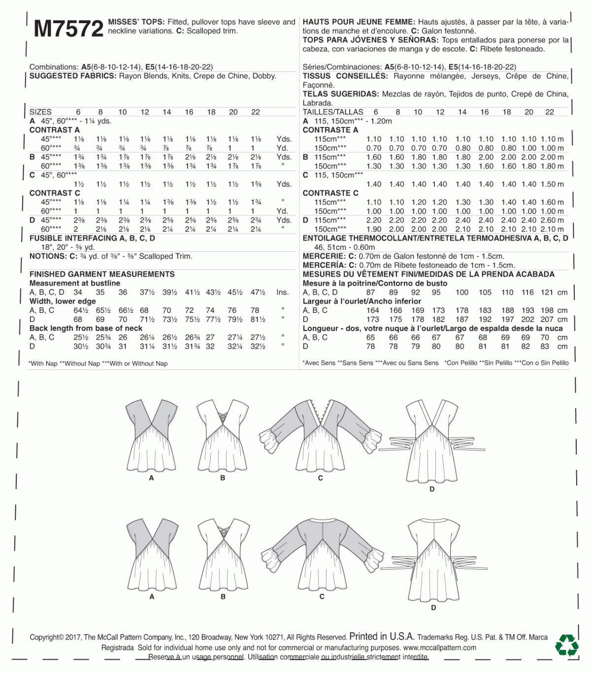 McCall's Sewing Pattern M7572 Misses' V-Neck, Gathered Tops with Sleeve and Tie Variations