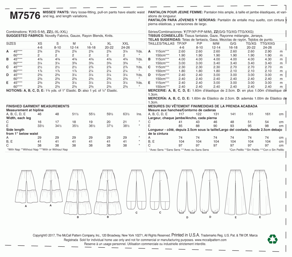 McCall's Sewing Pattern M7576 Misses' Elastic-Waist Loose Pants