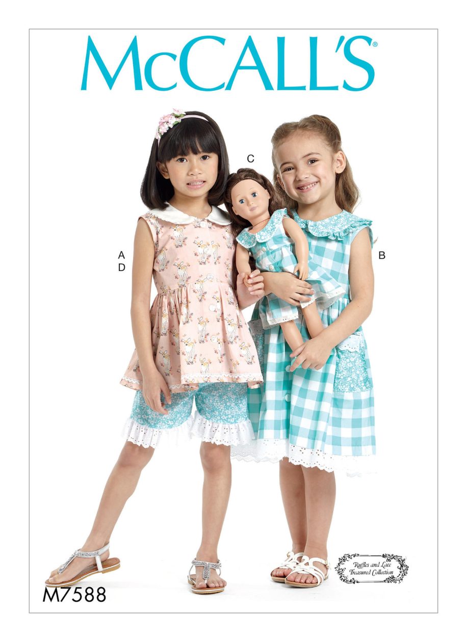 McCall's Sewing Pattern M7588 Children's/Girls' Peter Pan Collar Button-Front Top and Dress, Shorts, and Doll Dress