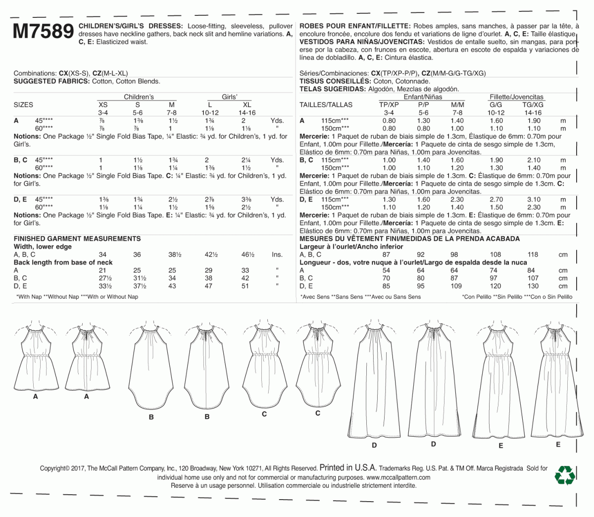 McCall's Sewing Pattern M7589 Children's/Girls' Gathered Neckline Sleeveless Dresses