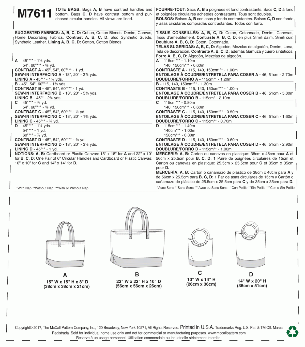 McCall's Sewing Pattern M7611 Misses' Lined Tote Bags with Contrast Variations