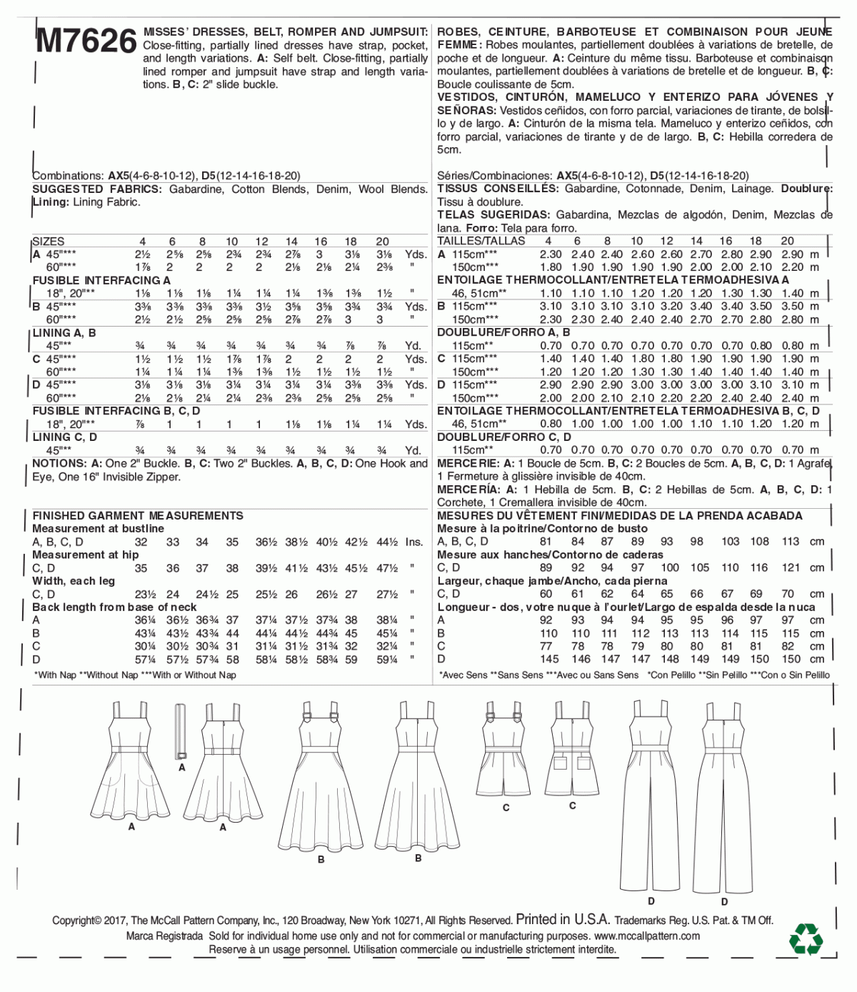 McCall's Sewing Pattern M7626 Misses' Dresses, Belt, Romper, and Jumpsuit with Pockets