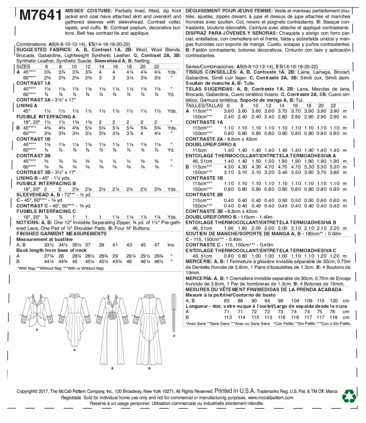 McCall's Sewing Pattern M7641 Misses' Jacket Costume with Belt