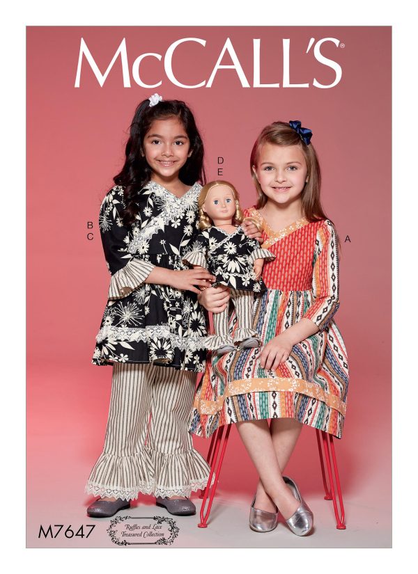 McCall's Sewing Pattern M7647 Children's/Girls' Surplice Dress and Top, Trousers, 18" Doll Top and Trousers