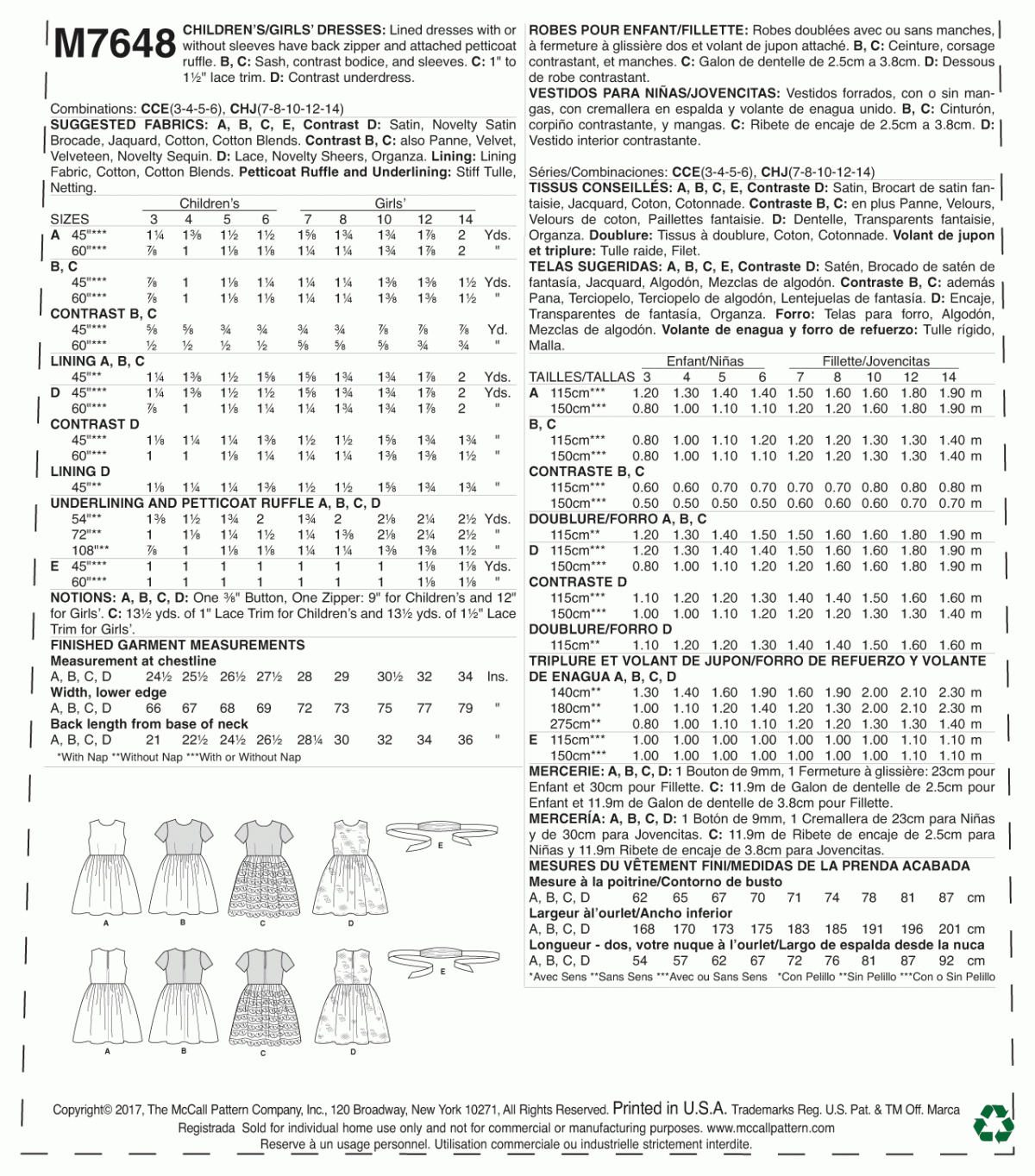 McCall's Sewing Pattern M7648 Childrens'/Girls' Gathered Dresses with Petticoat and Sash