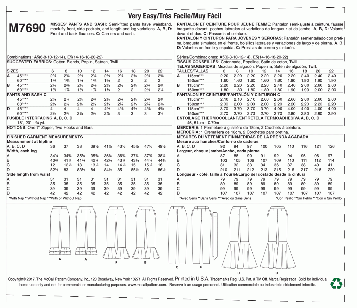 McCall's Sewing Pattern M7690 Misses' Pants With Flounce Variations and Sash