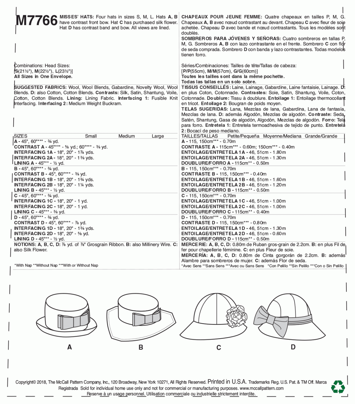 McCall's Sewing Pattern M7766 Misses' Hats