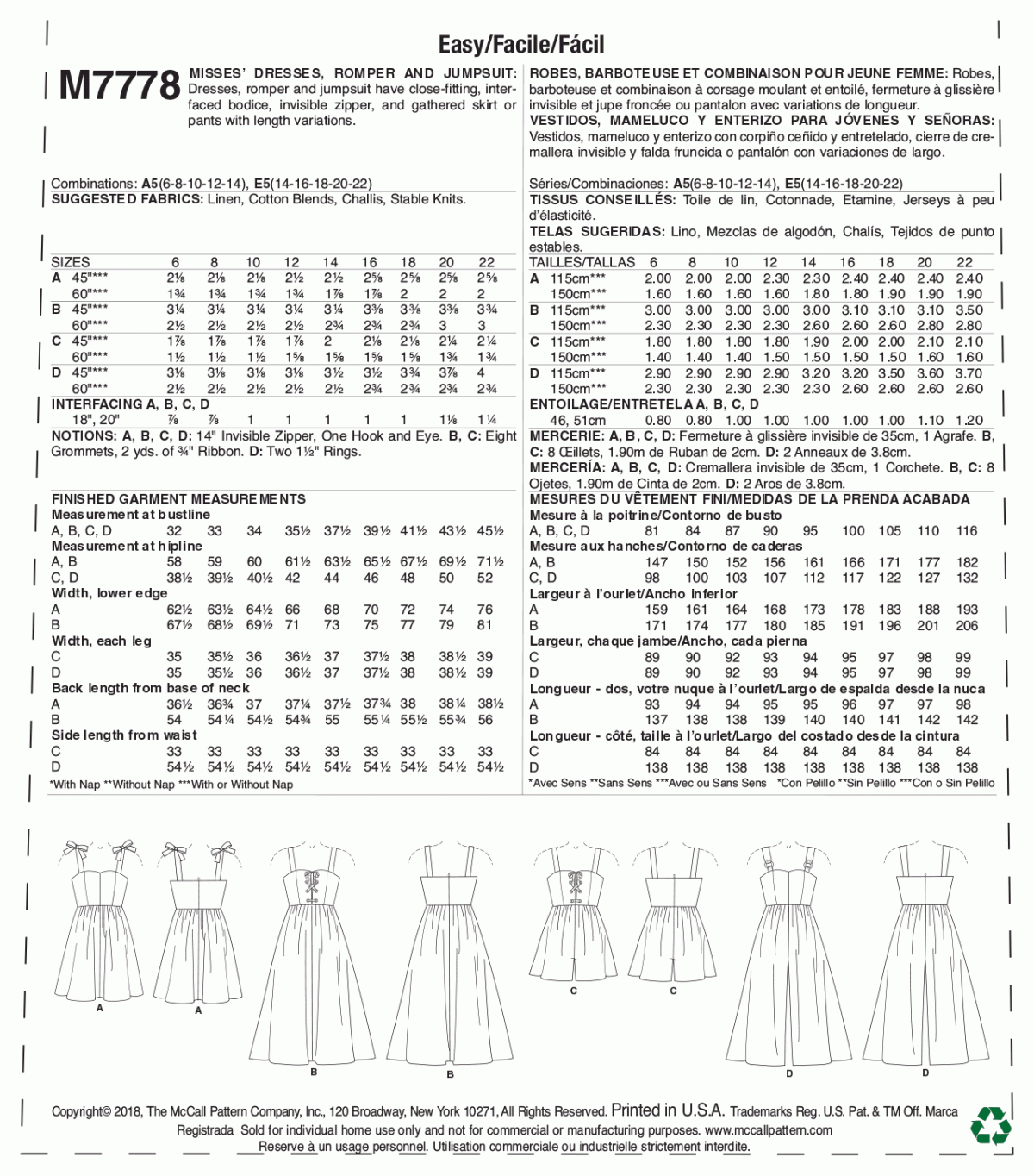 McCall's Sewing Pattern M7778 Misses' Dresses, Romper and Jumpsuit