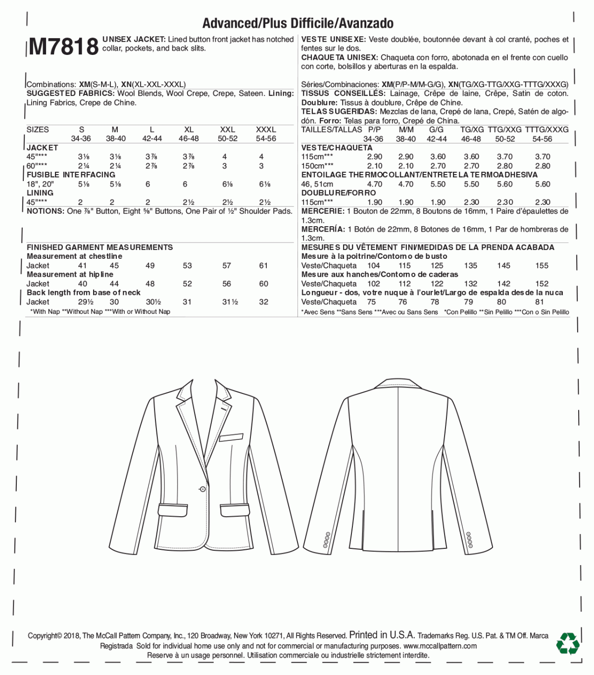 McCall's Sewing Pattern M7818 Unisex Jacket