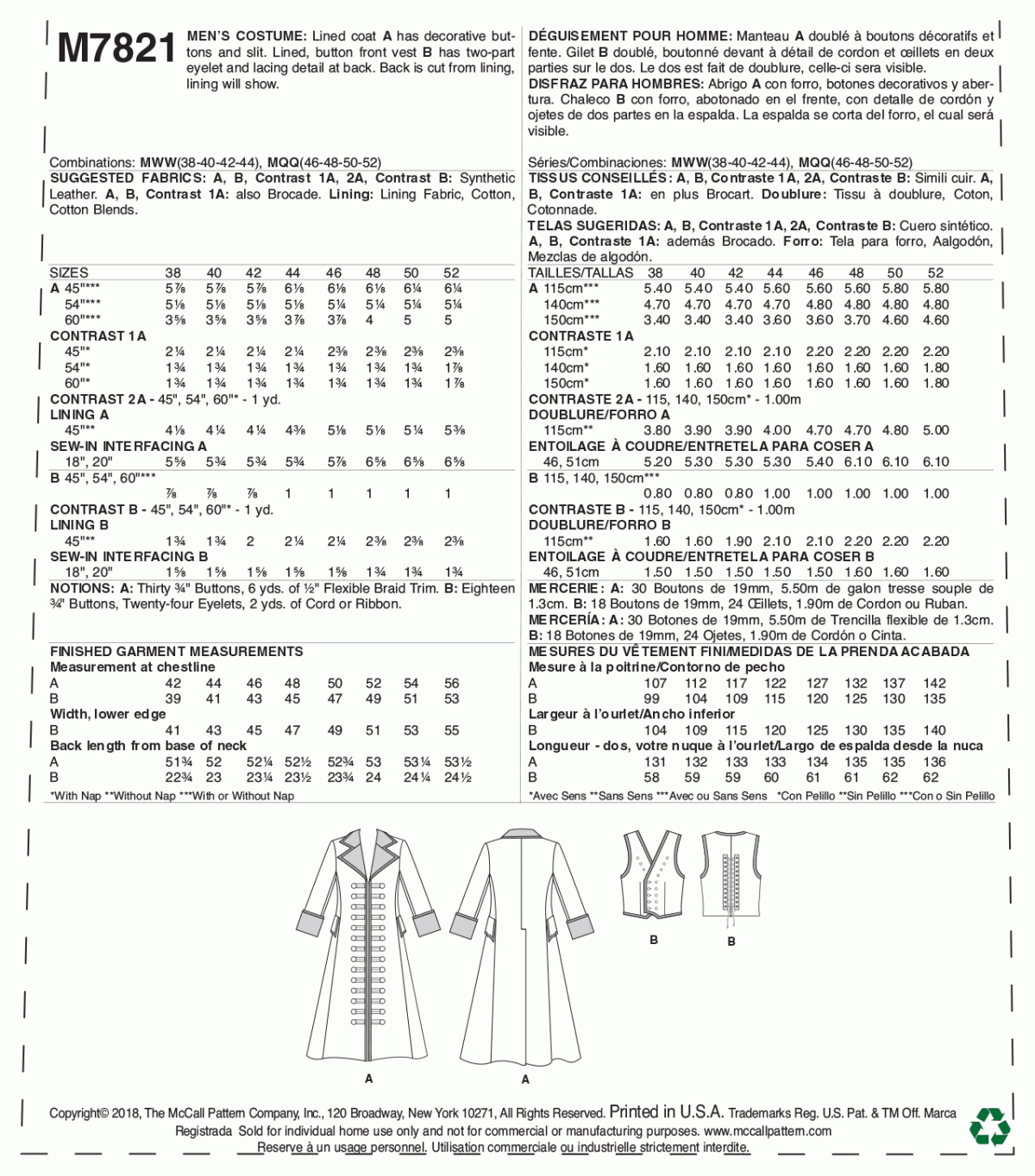 McCall's Sewing Pattern M7821 Men's Costume