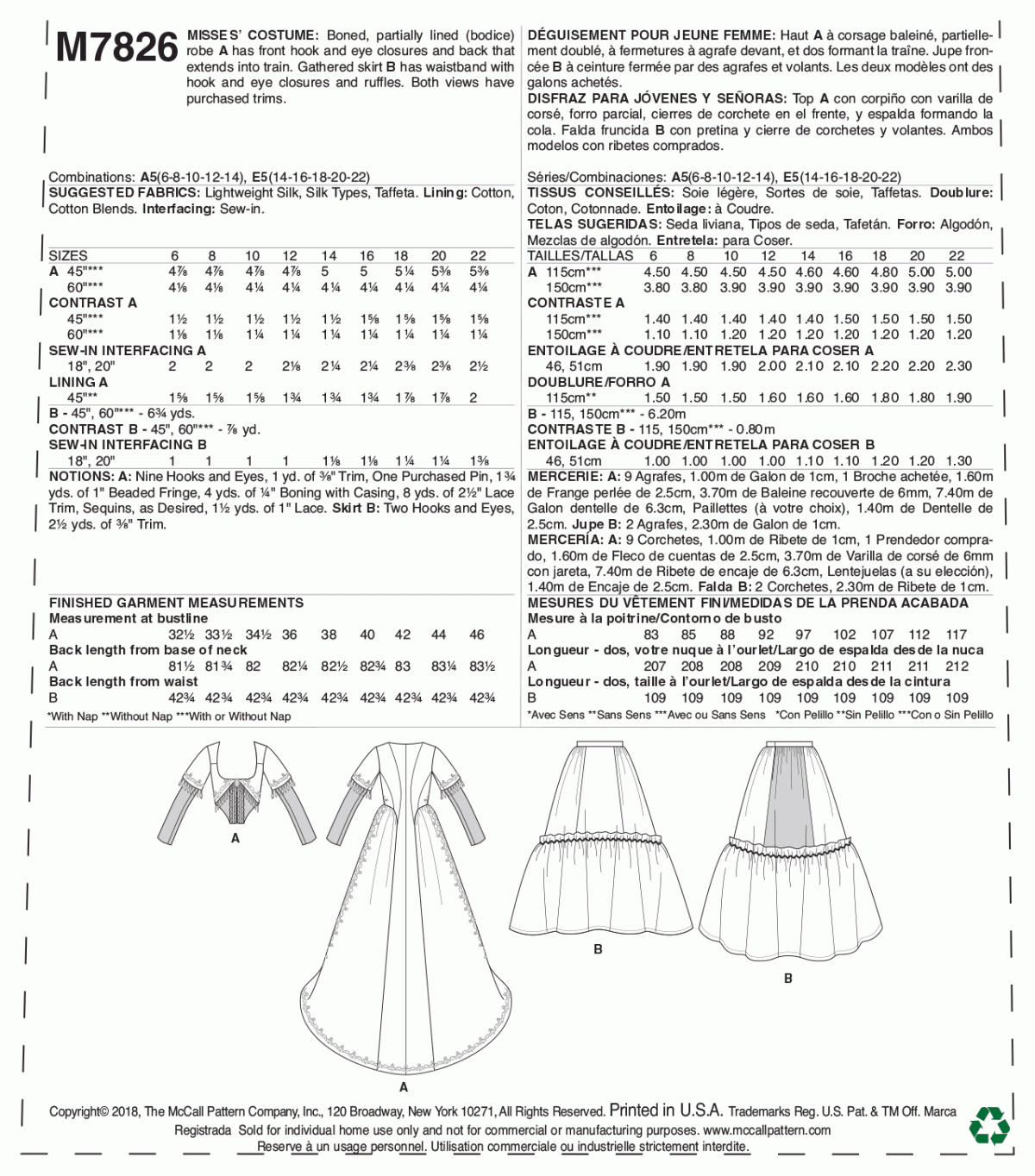 McCall's Sewing Pattern M7826 Misses' Costume by Angela Clayton