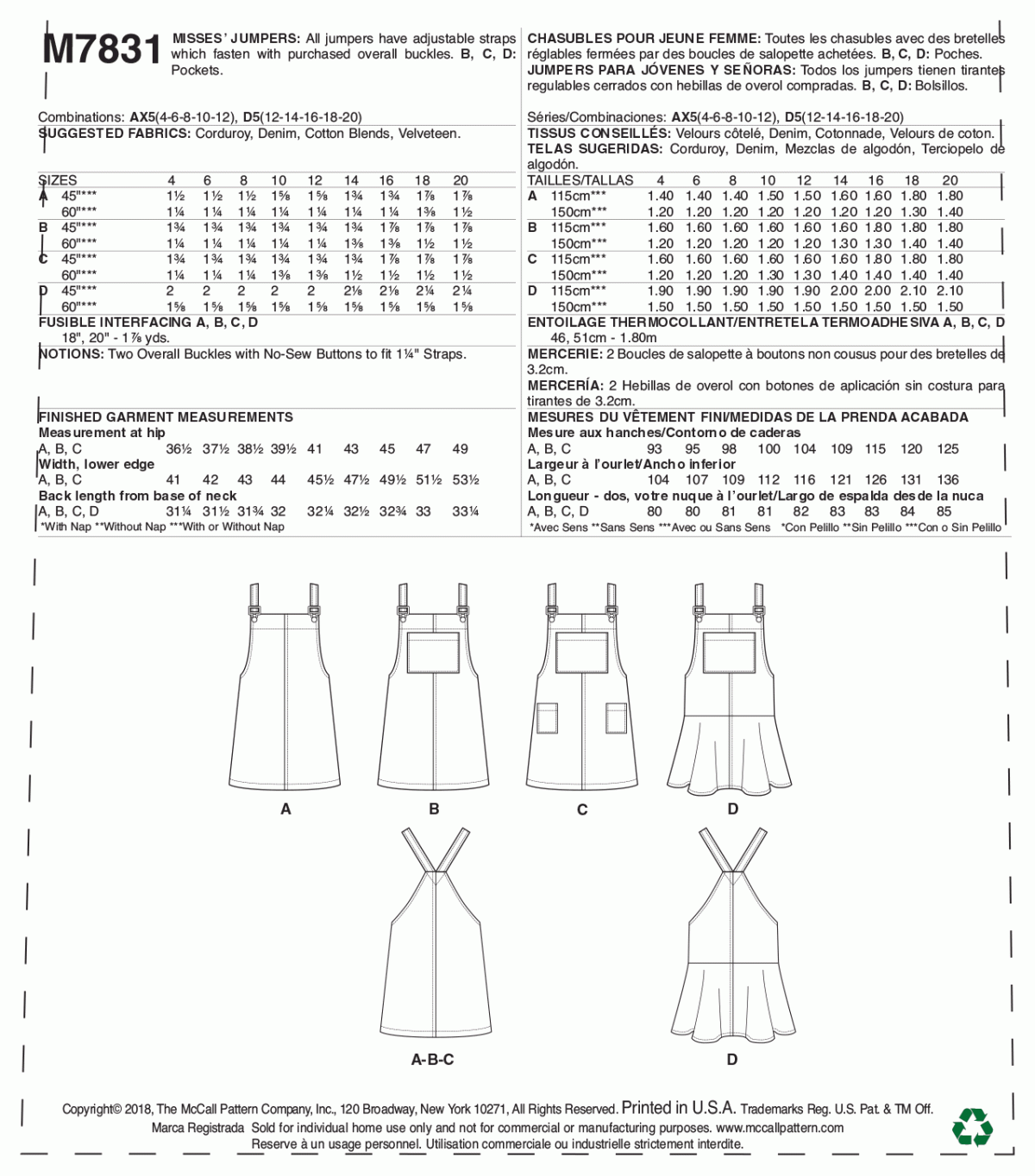 McCall's Sewing Pattern M7831 Misses' Pinafore Dresses