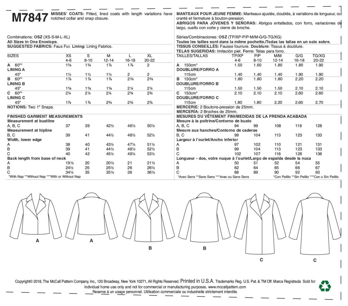 McCall's Sewing Pattern M7847 Misses' Outerwear