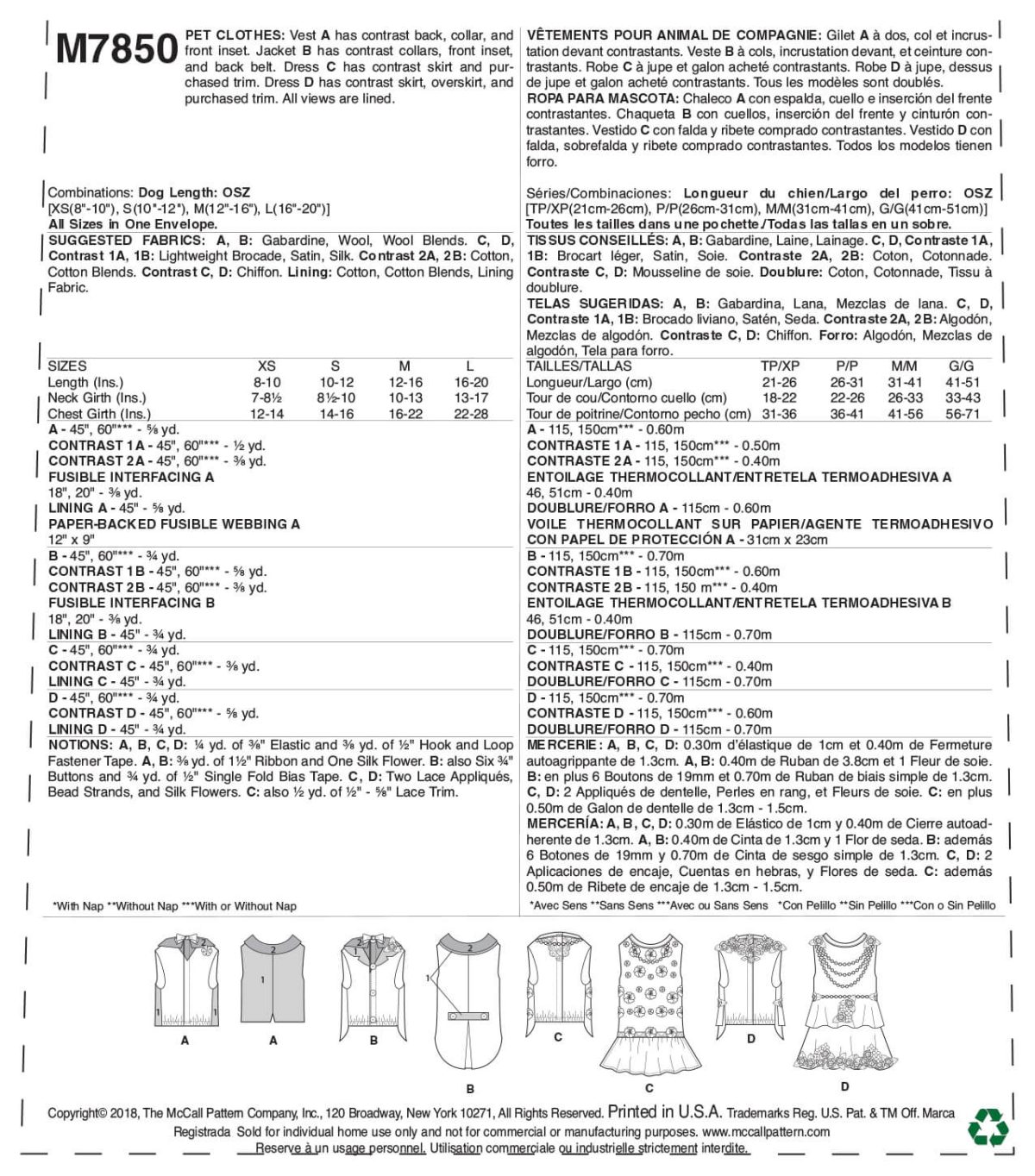 McCall's Sewing Pattern M7850 Pet Clothes