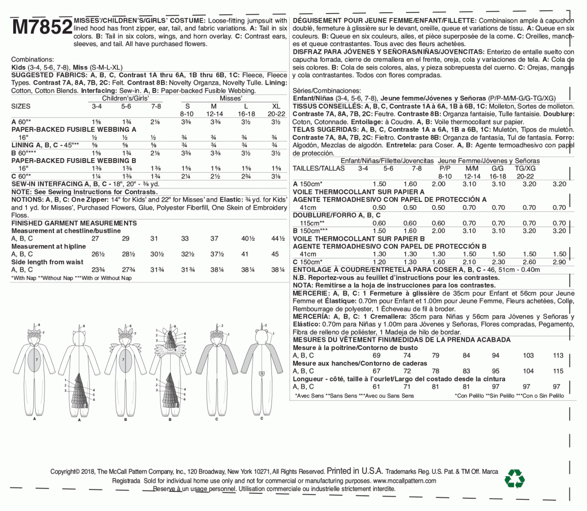 McCall's Sewing Pattern M7852 Miss/Children's/Girls' Costume