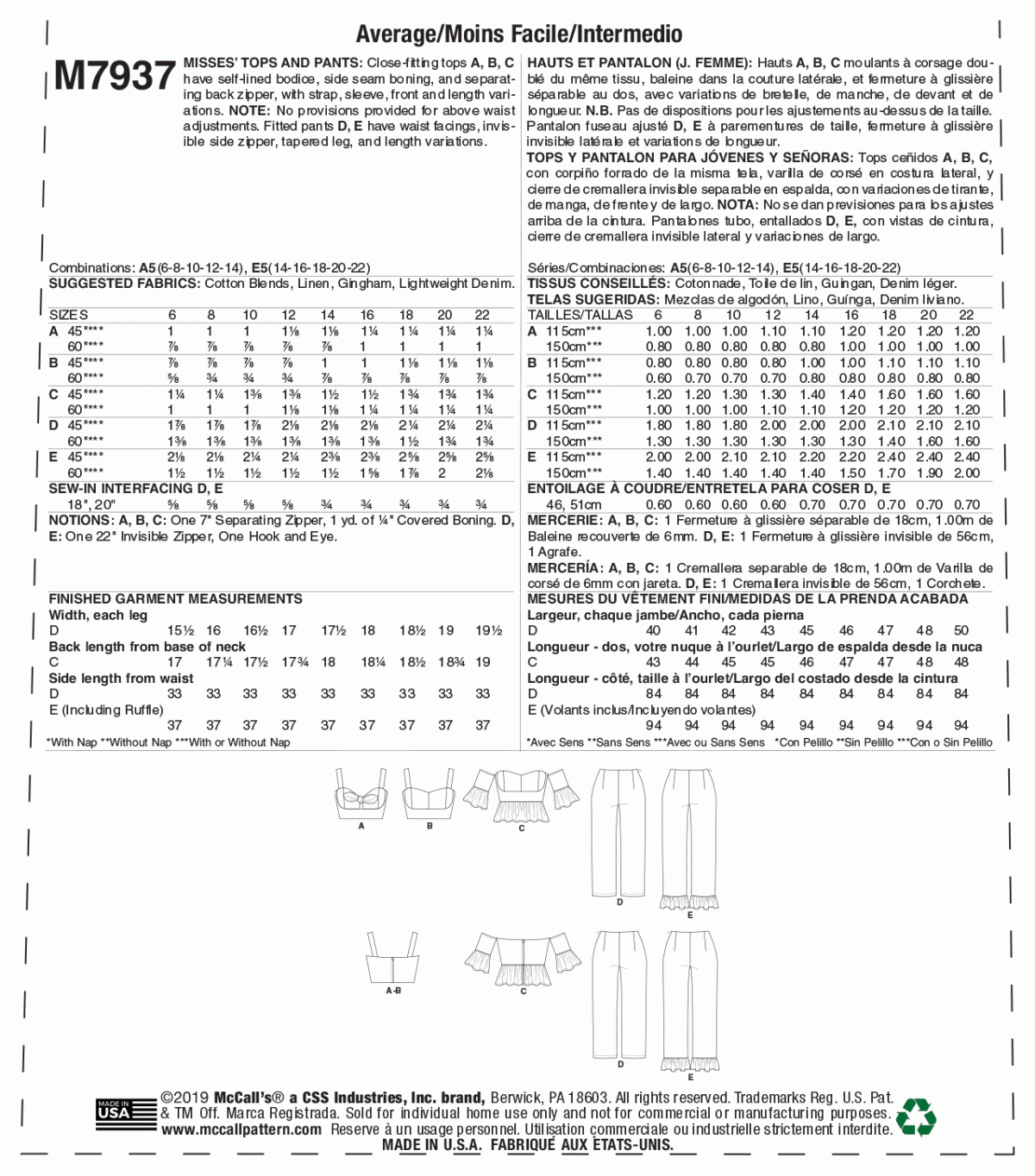 McCall's Sewing Pattern M7937 Misses' Tops and Pants