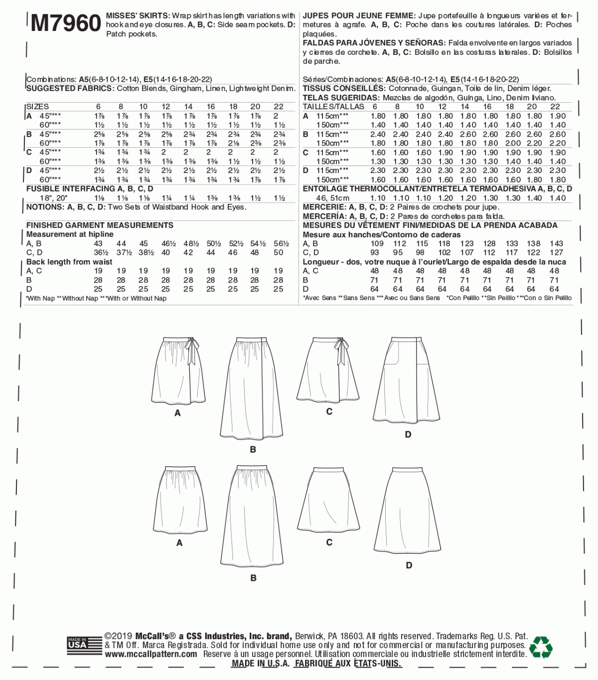 McCall's Sewing Pattern M7960 Misses' Skirts