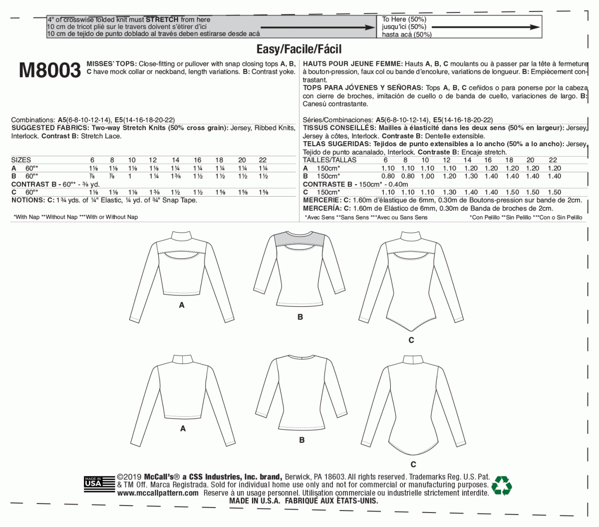 McCall's Sewing Pattern M8003 Misses' Tops