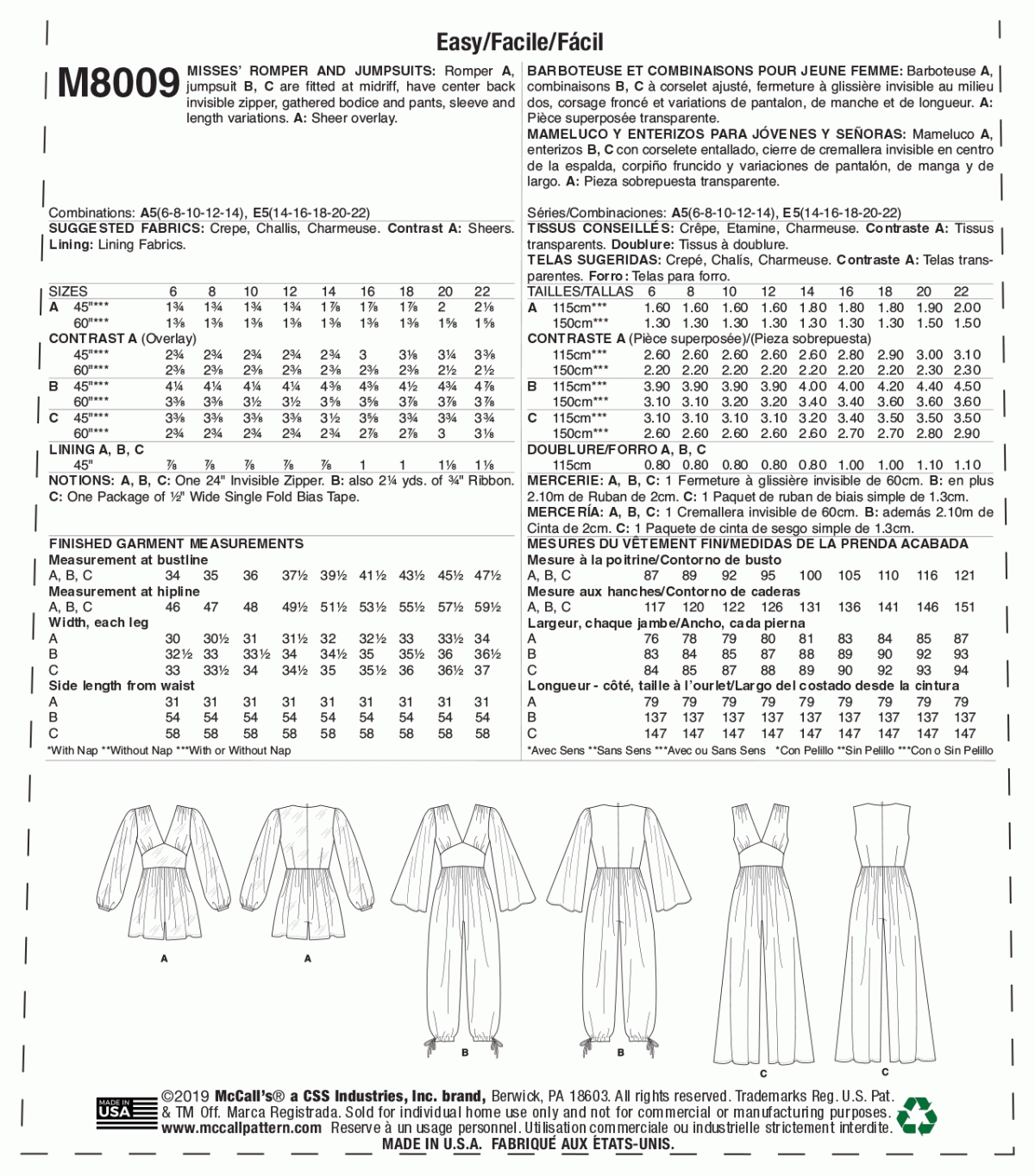 McCall's Sewing Pattern M8009 Misses' Jumpsuits and Playsuits