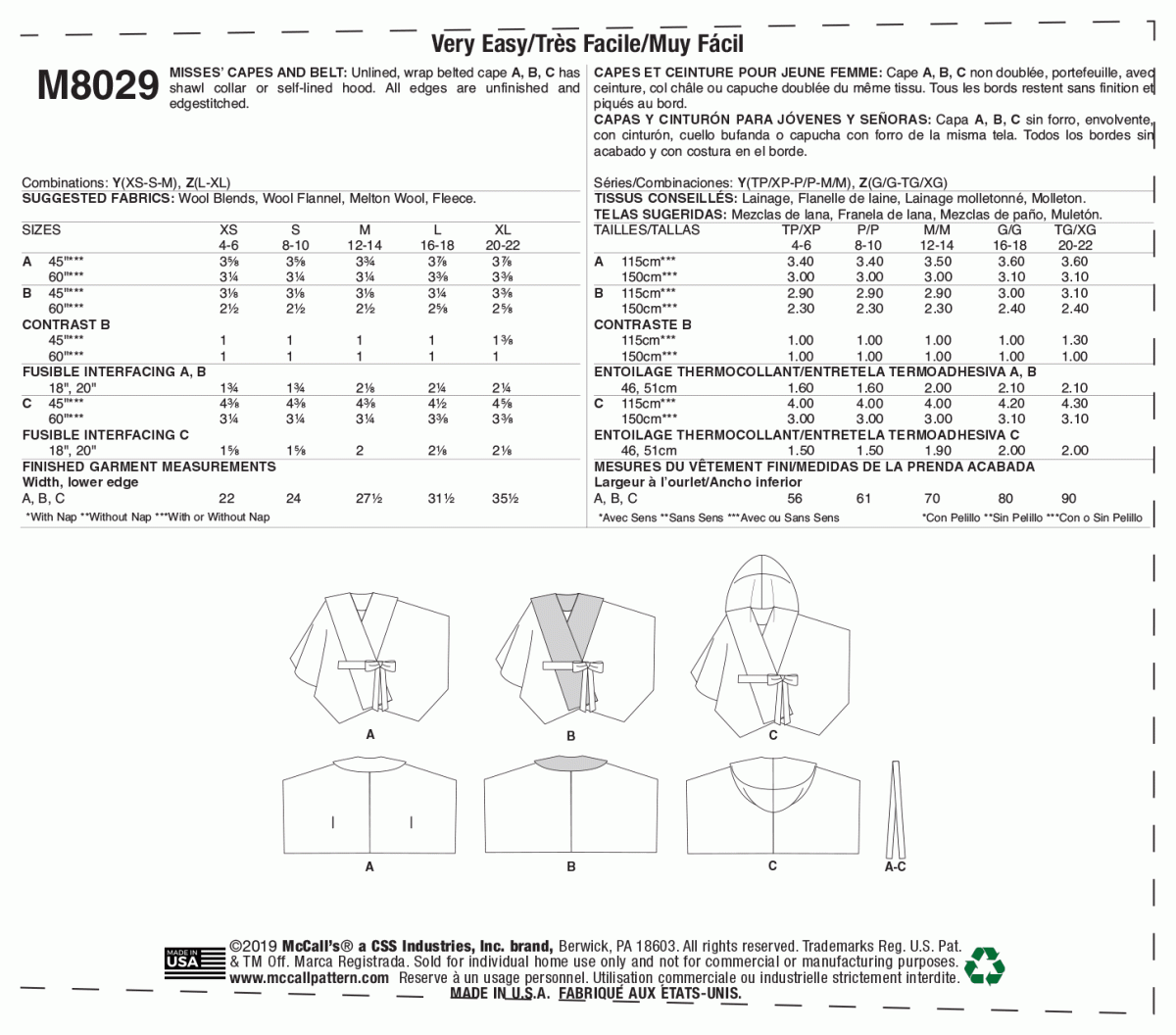 McCall's Sewing Pattern M8029 Misses' Capes & Belt