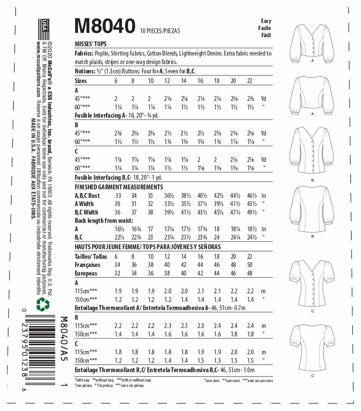 McCall's Sewing Pattern M8040 Misses' Tops #EmmieMcCalls
