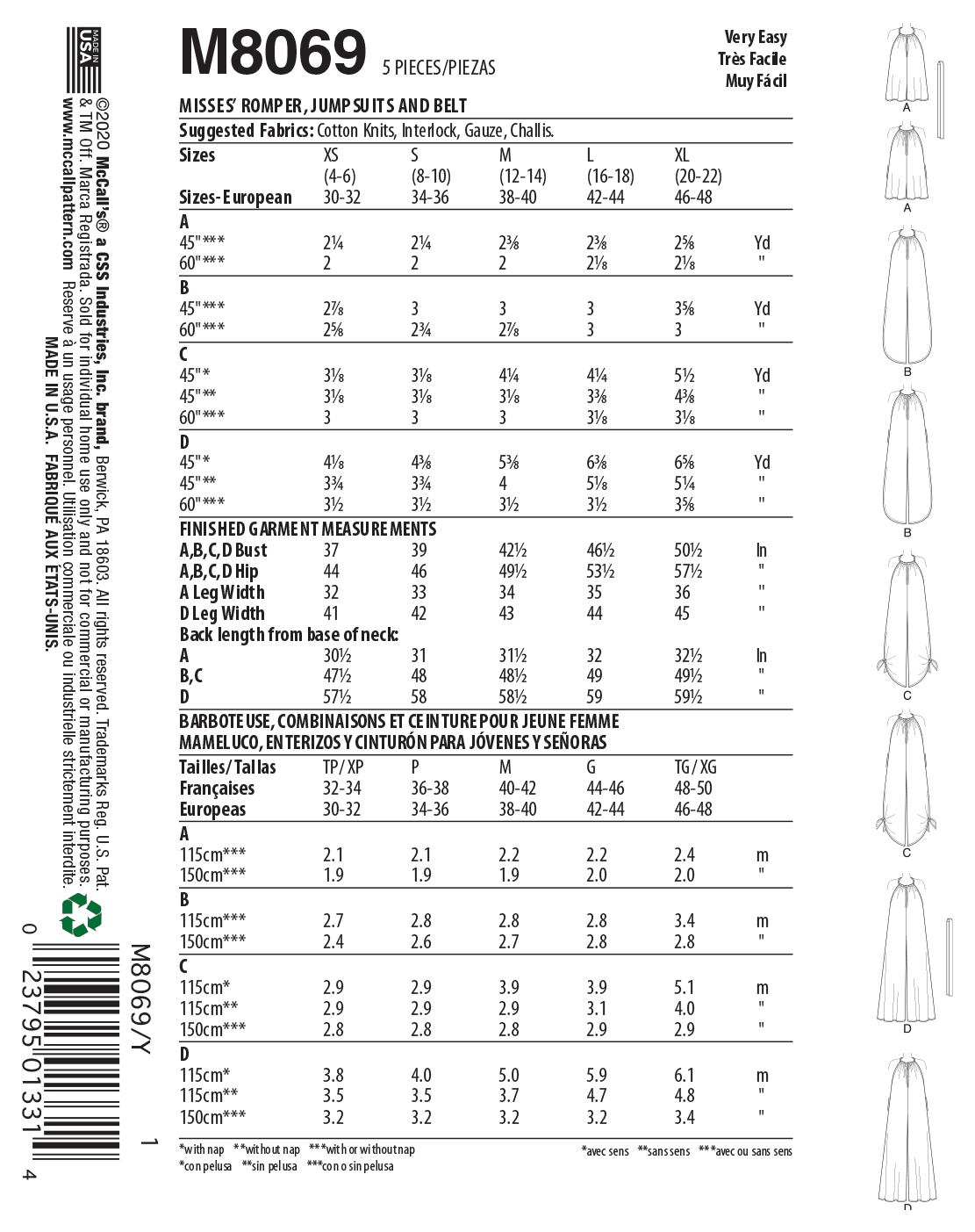 Barboteuse, Combinaisons Et Ceinture McCall's M8069 Pour Femmes