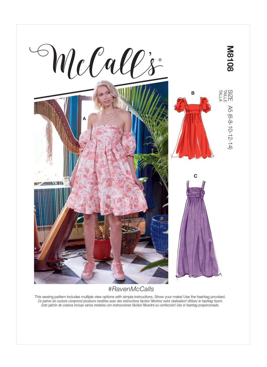 McCall's Sewing Pattern M8108 Misses' Empire Seam Gathered Dresses In Various Lengths, Necklines & Straps. #RavenMcCalls