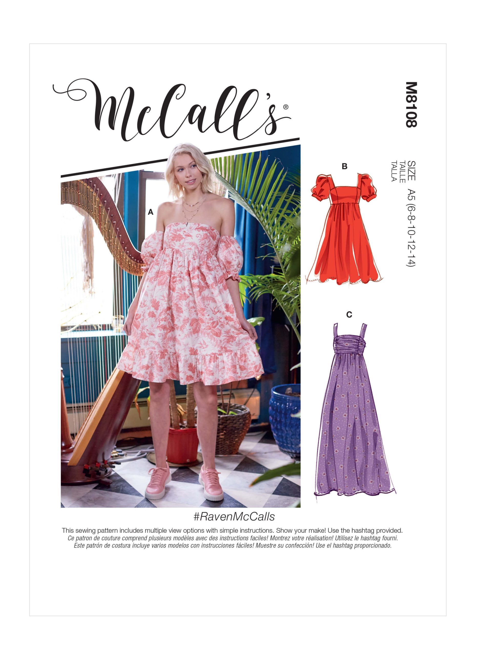 McCall’s Sewing Pattern M8108 Misses’ Empire Seam Gathered Dresses In Various Lengths, Necklines & Straps. #RavenMcCalls