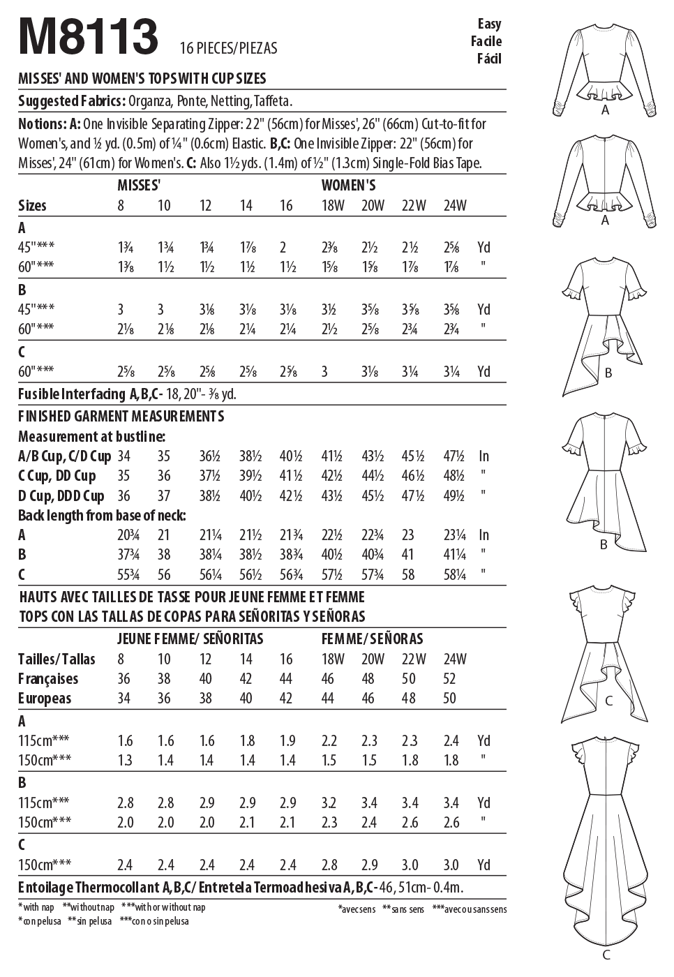 McCalls Sewing Pattern M8113 Misses' & Women's Tops With Cup Sizes Pattern Pieces. #PortiaMcCalls
