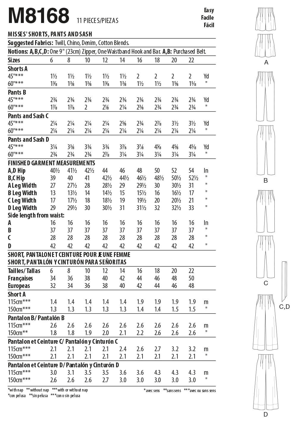 McCall's Sewing Pattern M8168 Misses' Skirt and Trousers
